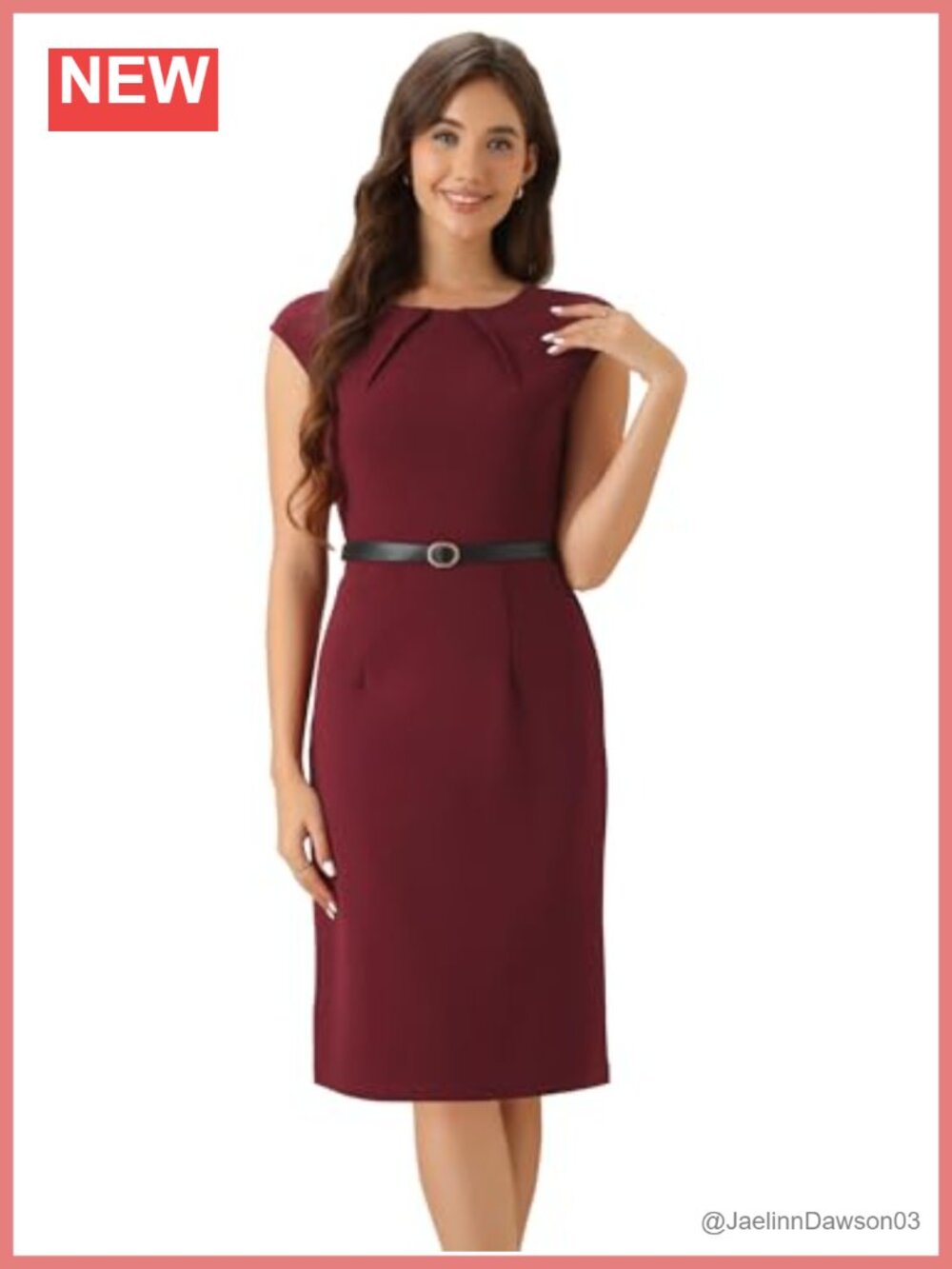 Belted Sheath Business Dress Cap Sleeve Knee-Length Office Work